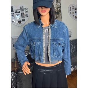 Cropped Blue Denim Jacket with Custom Rhinestone Trim